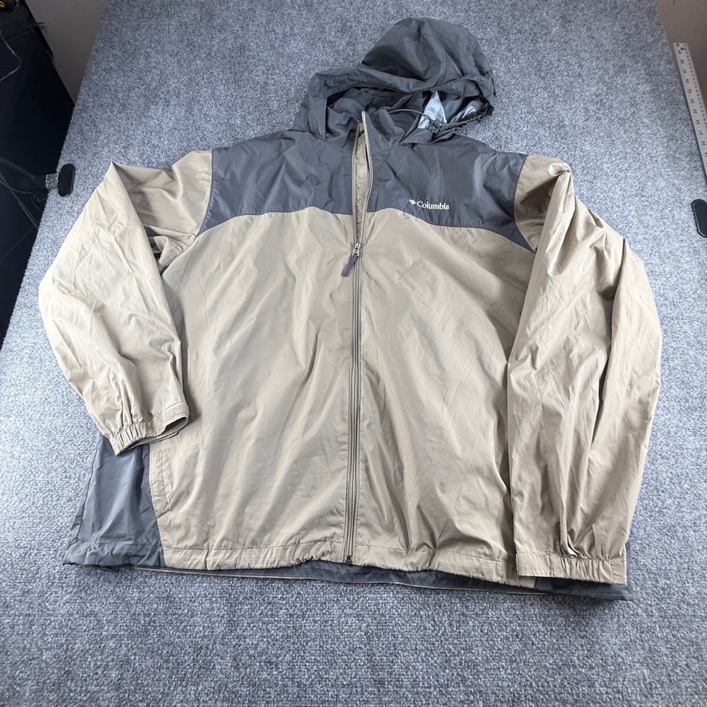 Columbia Mens 3X Windbreaker Jacket Tan Gray Hooded Full Zip Mesh Lined 0441